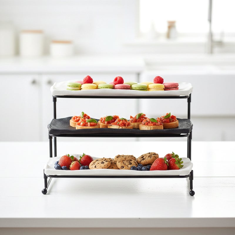 Shallow 3-Tier Porcelain Ceramic Serving Stand-31cm Stepped "Taqdeem" Set – Food Tower for Ramadan,Eid & Festive Majlis - Mawaheen for Appetizers, Desserts&Coffee Stations (White&Black) - Image 3